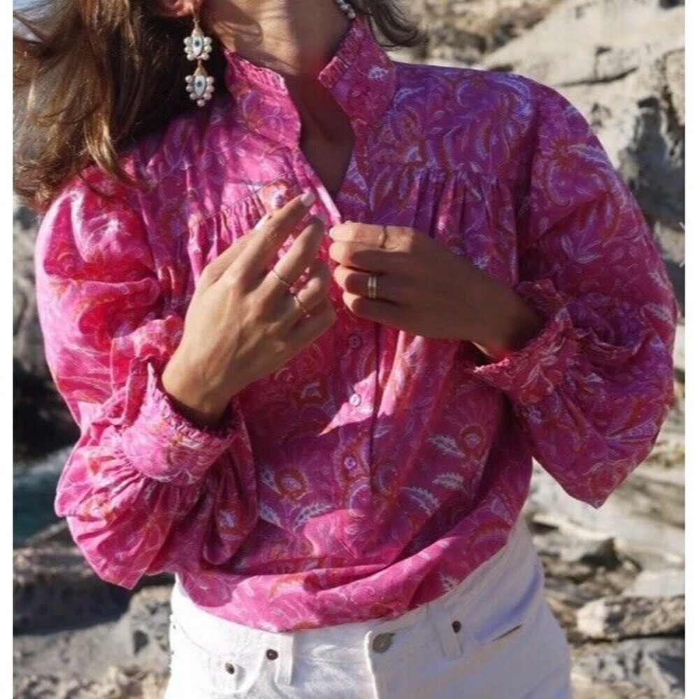 BUGGY Zoe Blouse - Floral Hot Pink and Orange Print. Size: L